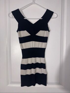 Striped Knit V-Neck Bodycon Dress - Black & White